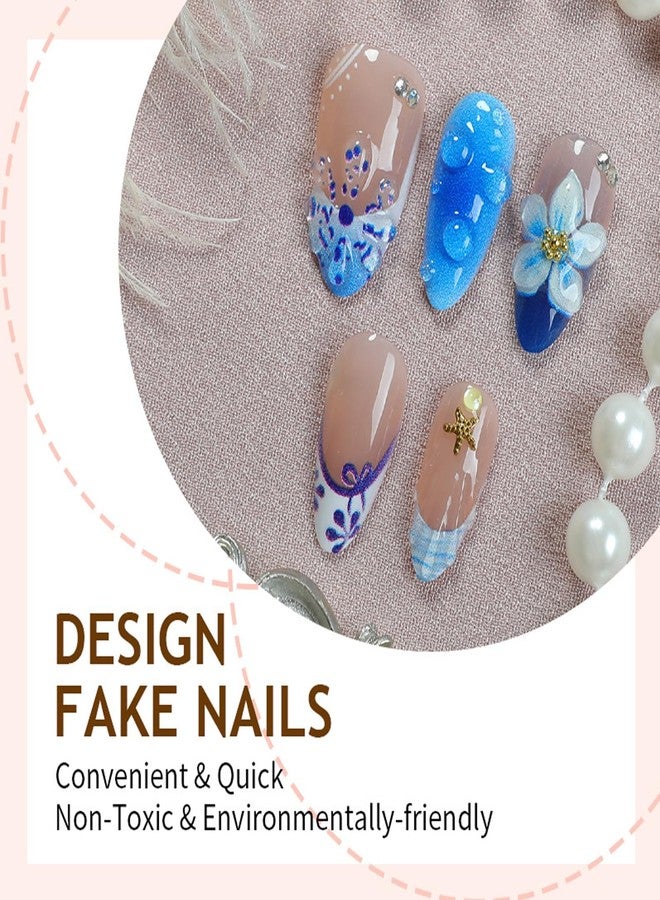 BSBTBZ 30Pcs Blue Flower Press on Nails Medium Almond Summer Beach Fake Nails with 3D Flowers Starfish Design French Nails Cute Stick on Nails Golden Beads Full Cover Manicure False Nail Tips for Women - Image 2